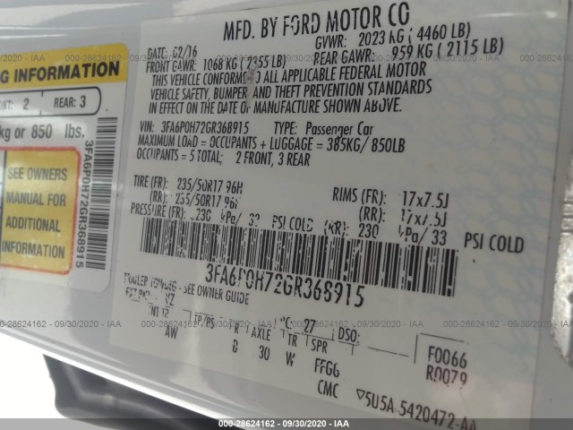 Photo 8 VIN: 3FA6P0H72GR368915 - FORD FUSION 