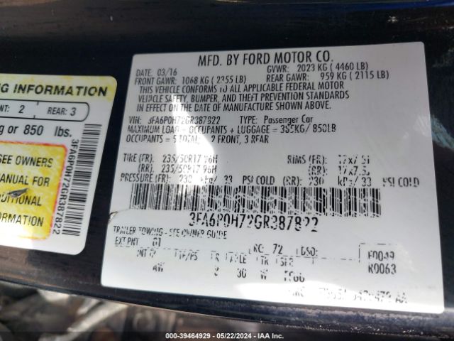 Photo 8 VIN: 3FA6P0H72GR387822 - FORD FUSION 