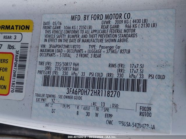 Photo 8 VIN: 3FA6P0H72HR118270 - FORD FUSION 