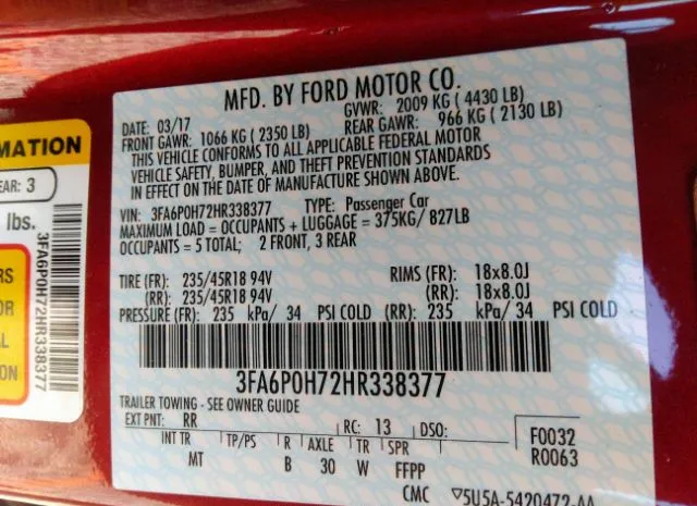 Photo 8 VIN: 3FA6P0H72HR338377 - FORD FUSION 