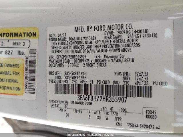 Photo 8 VIN: 3FA6P0H72HR355907 - FORD FUSION 