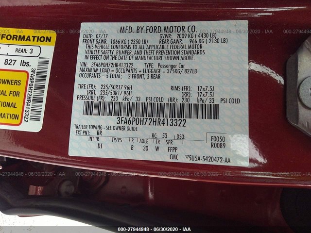 Photo 8 VIN: 3FA6P0H72HR413322 - FORD FUSION 