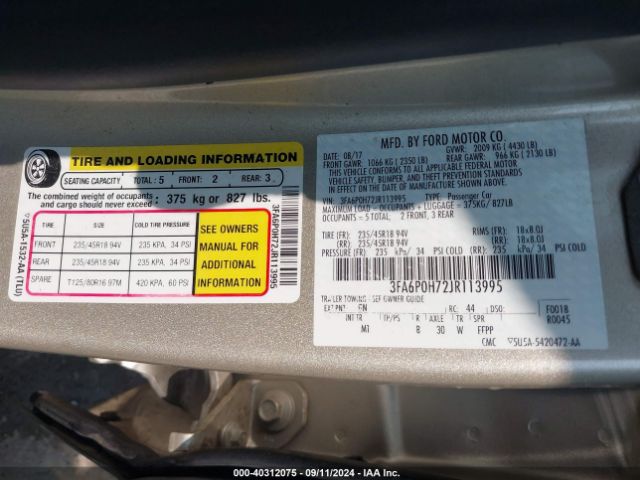 Photo 8 VIN: 3FA6P0H72JR113995 - FORD FUSION 