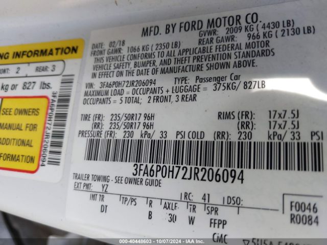 Photo 8 VIN: 3FA6P0H72JR206094 - FORD FUSION 