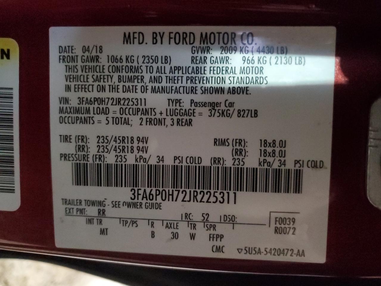 Photo 11 VIN: 3FA6P0H72JR225311 - FORD FUSION 