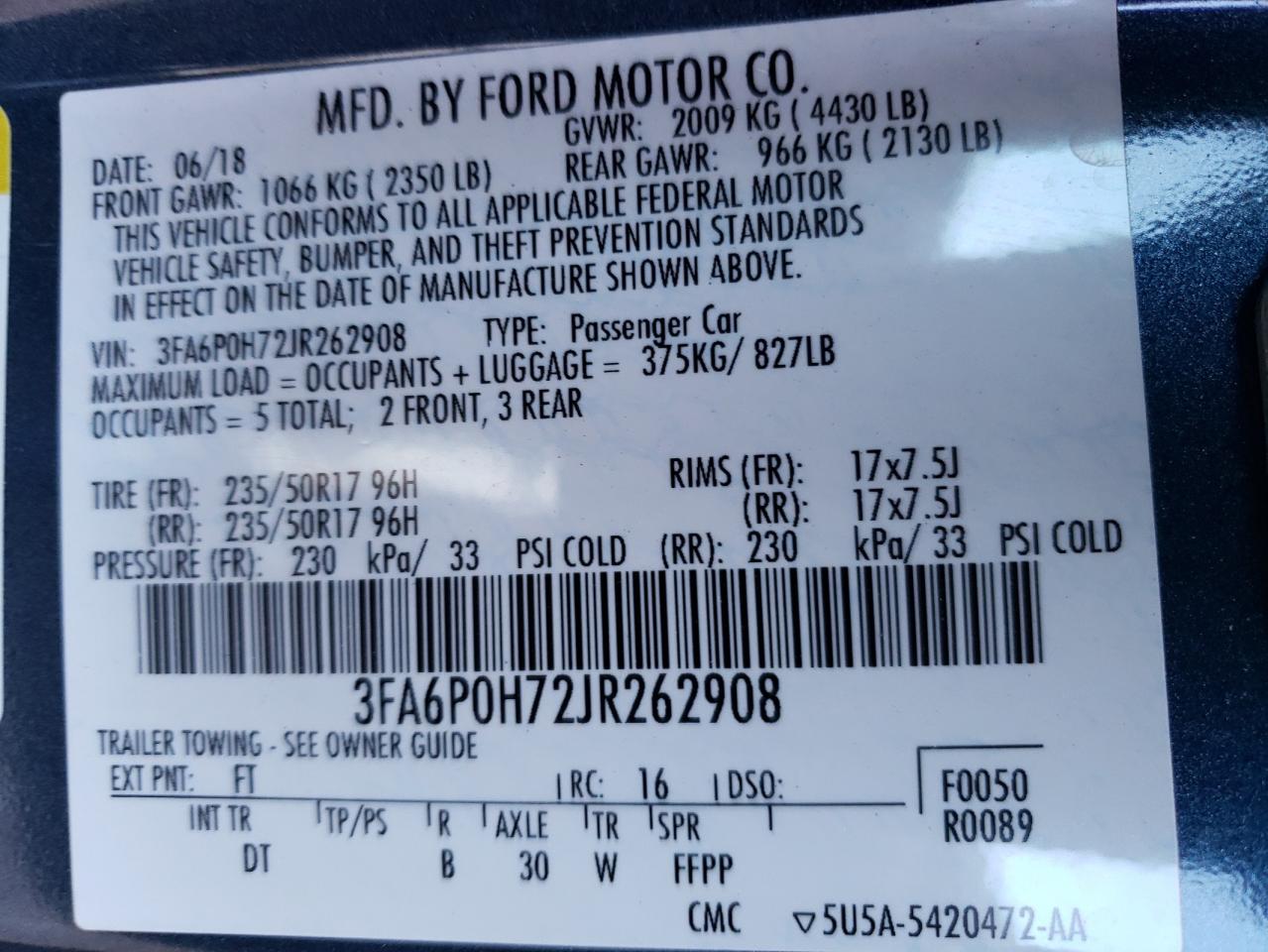 Photo 12 VIN: 3FA6P0H72JR262908 - FORD FUSION 