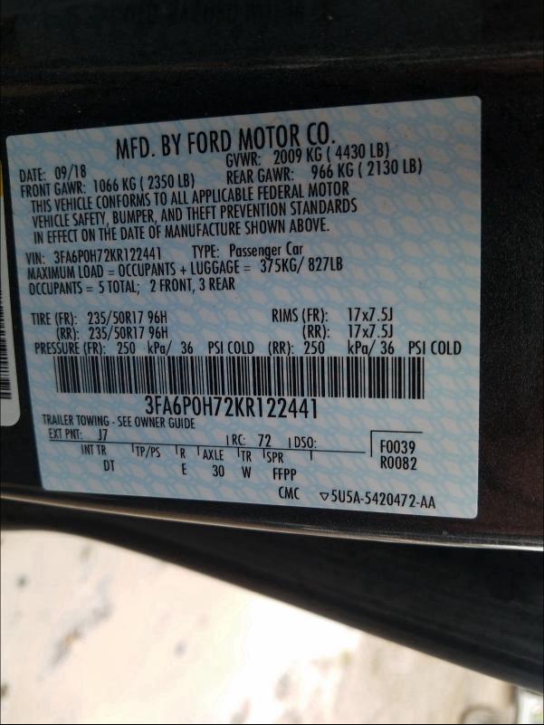 Photo 9 VIN: 3FA6P0H72KR122441 - FORD FUSION SE 