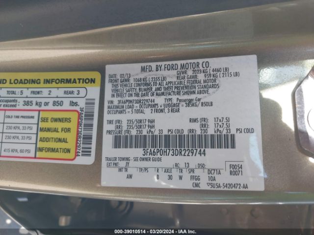 Photo 8 VIN: 3FA6P0H73DR229744 - FORD FUSION 