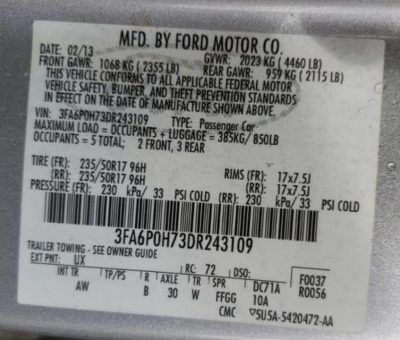 Photo 9 VIN: 3FA6P0H73DR243109 - FORD FUSION SE 