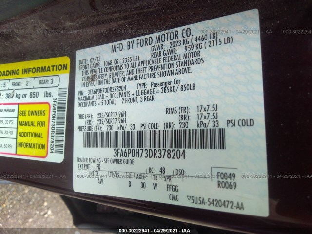 Photo 8 VIN: 3FA6P0H73DR378204 - FORD FUSION 