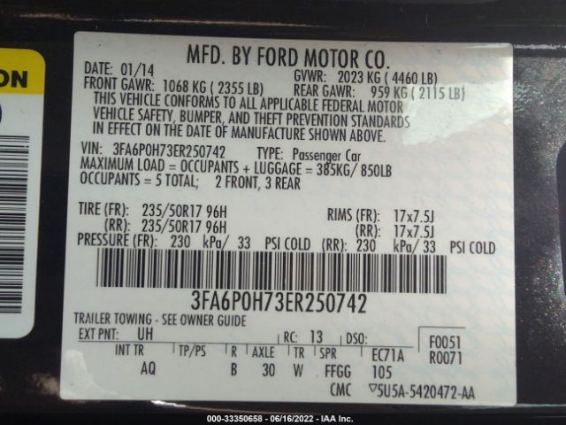 Photo 8 VIN: 3FA6P0H73ER250742 - FORD FUSION 