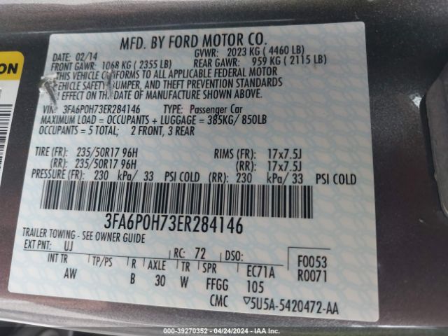 Photo 8 VIN: 3FA6P0H73ER284146 - FORD FUSION 