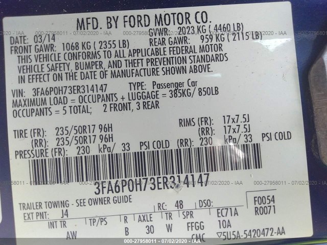 Photo 8 VIN: 3FA6P0H73ER314147 - FORD FUSION 