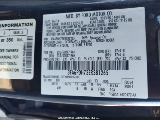 Photo 8 VIN: 3FA6P0H73ER381265 - FORD FUSION 