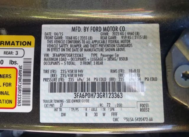 Photo 8 VIN: 3FA6P0H73GR123363 - FORD FUSION 