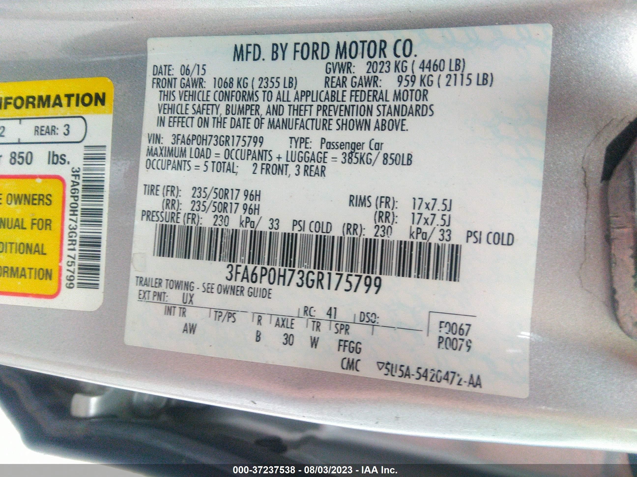 Photo 8 VIN: 3FA6P0H73GR175799 - FORD FUSION 