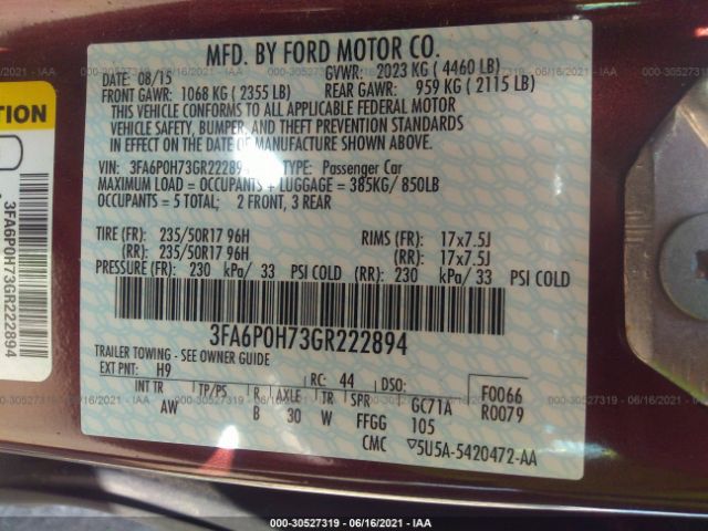 Photo 8 VIN: 3FA6P0H73GR222894 - FORD FUSION 