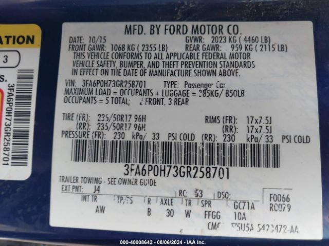 Photo 8 VIN: 3FA6P0H73GR258701 - FORD FUSION 