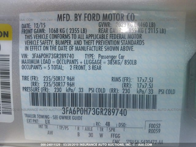 Photo 8 VIN: 3FA6P0H73GR289740 - FORD FUSION 