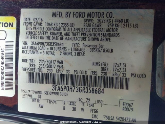 Photo 8 VIN: 3FA6P0H73GR358684 - FORD FUSION 