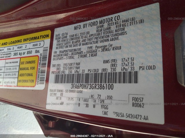 Photo 8 VIN: 3FA6P0H73GR386100 - FORD FUSION 