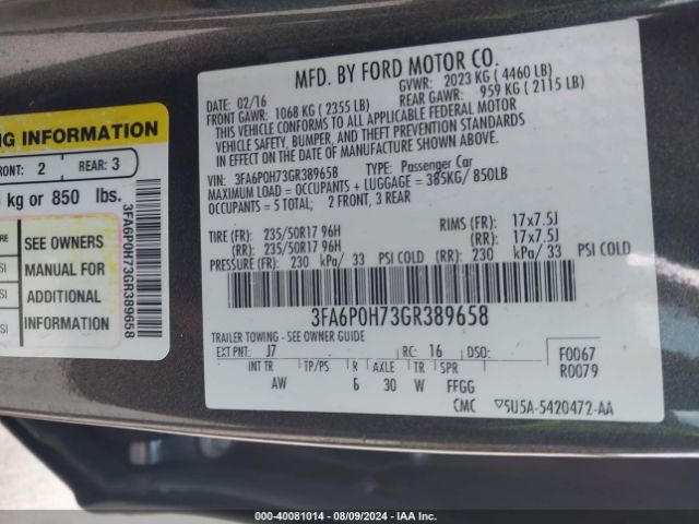 Photo 8 VIN: 3FA6P0H73GR389658 - FORD FUSION 