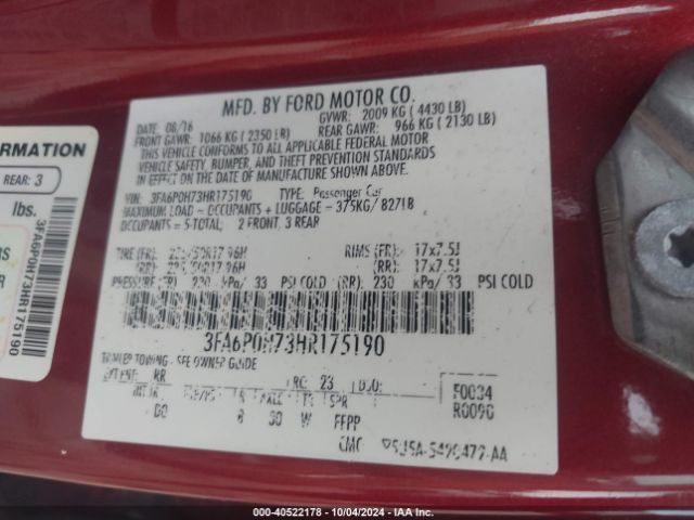 Photo 8 VIN: 3FA6P0H73HR175190 - FORD FUSION 