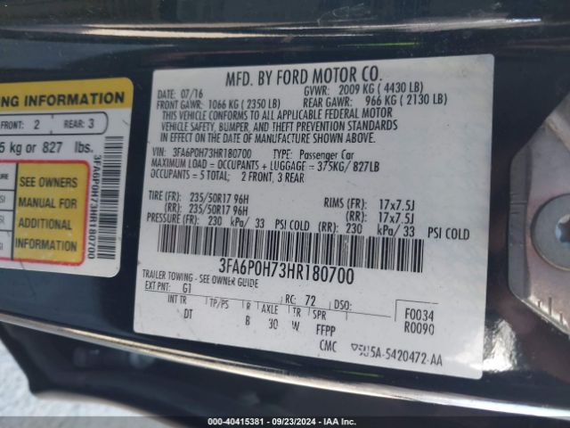 Photo 8 VIN: 3FA6P0H73HR180700 - FORD FUSION 