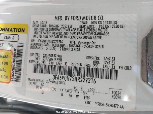 Photo 8 VIN: 3FA6P0H73HR229216 - FORD FUSION 