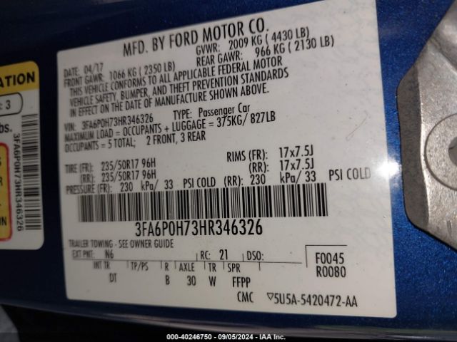 Photo 8 VIN: 3FA6P0H73HR346326 - FORD FUSION 