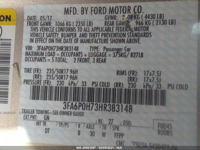 Photo 8 VIN: 3FA6P0H73HR383148 - FORD FUSION 