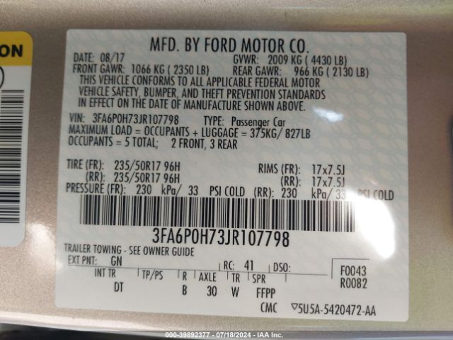 Photo 8 VIN: 3FA6P0H73JR107798 - FORD FUSION 