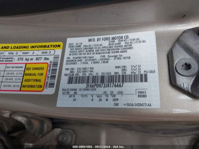 Photo 8 VIN: 3FA6P0H73JR176667 - FORD FUSION 