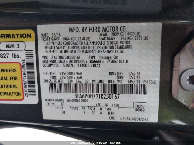 Photo 8 VIN: 3FA6P0H73JR250167 - FORD FUSION 