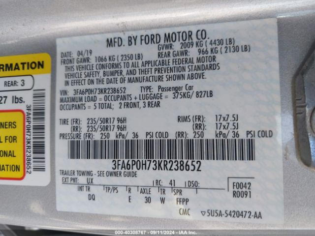 Photo 8 VIN: 3FA6P0H73KR238652 - FORD FUSION 