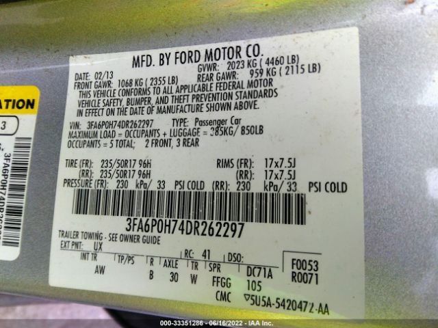 Photo 8 VIN: 3FA6P0H74DR262297 - FORD FUSION 