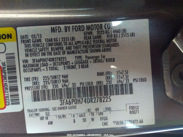 Photo 8 VIN: 3FA6P0H74DR278225 - FORD FUSION 