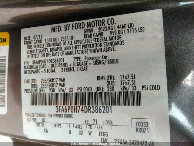 Photo 8 VIN: 3FA6P0H74DR386201 - FORD FUSION 