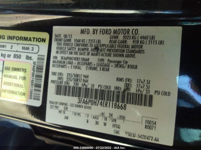 Photo 8 VIN: 3FA6P0H74ER118668 - FORD FUSION 