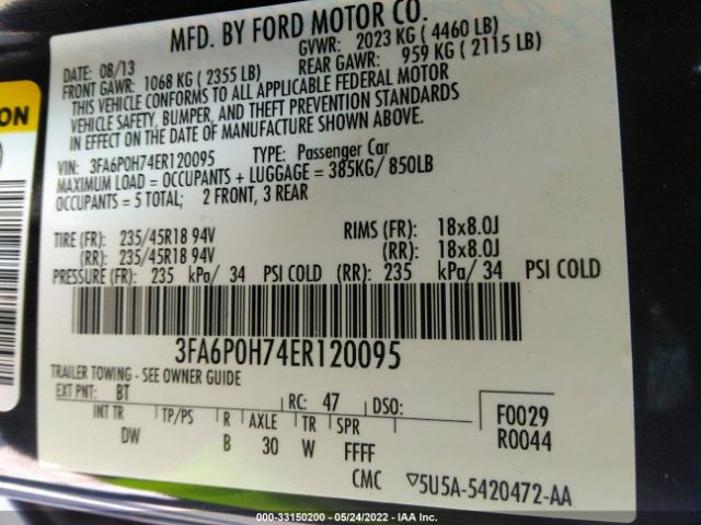 Photo 8 VIN: 3FA6P0H74ER120095 - FORD FUSION 