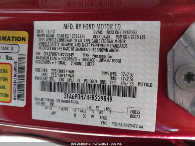 Photo 8 VIN: 3FA6P0H74ER229849 - FORD FUSION 