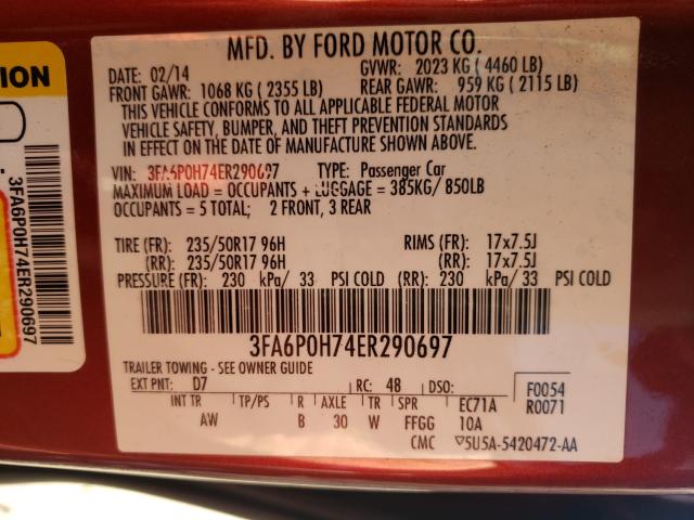 Photo 9 VIN: 3FA6P0H74ER290697 - FORD FUSION SE 