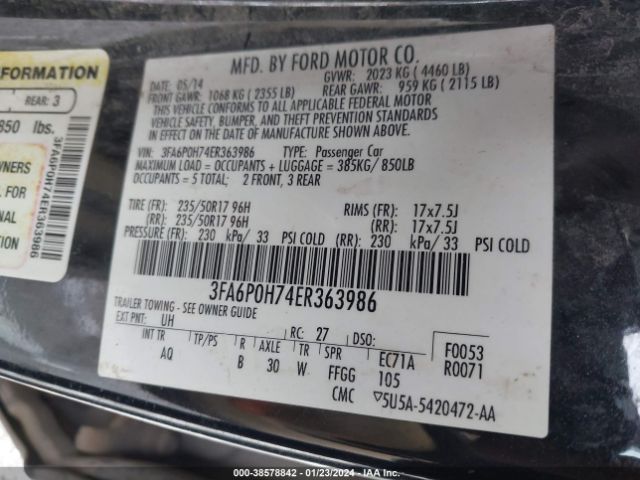 Photo 8 VIN: 3FA6P0H74ER363986 - FORD FUSION 