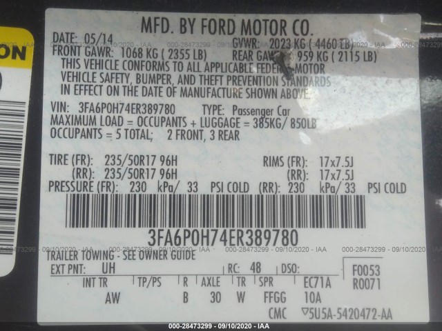 Photo 8 VIN: 3FA6P0H74ER389780 - FORD FUSION 