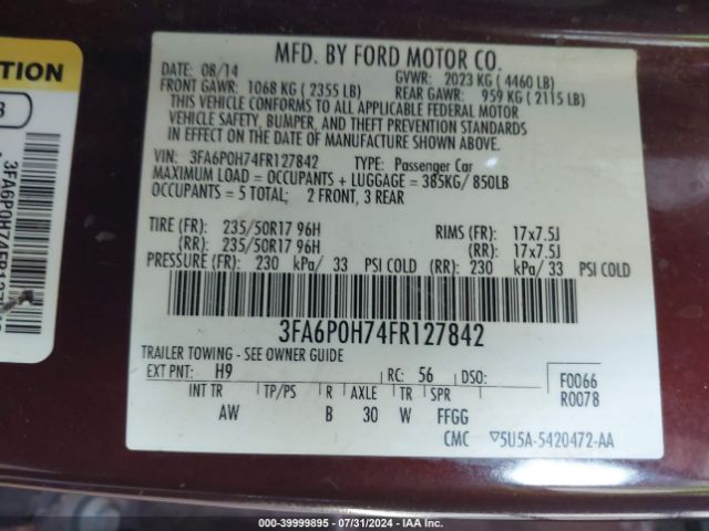 Photo 8 VIN: 3FA6P0H74FR127842 - FORD FUSION 