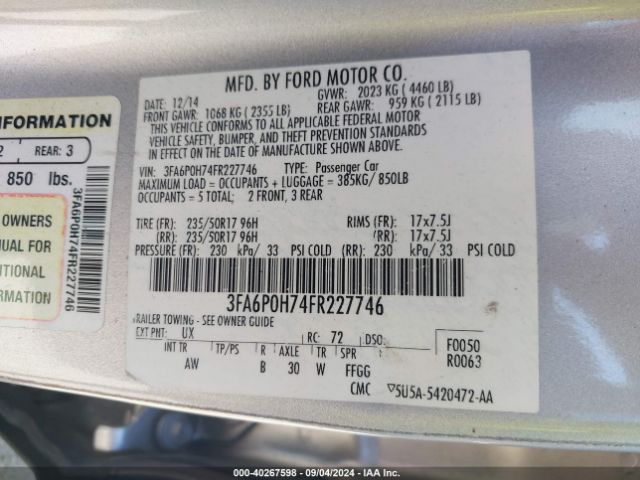 Photo 8 VIN: 3FA6P0H74FR227746 - FORD FUSION 