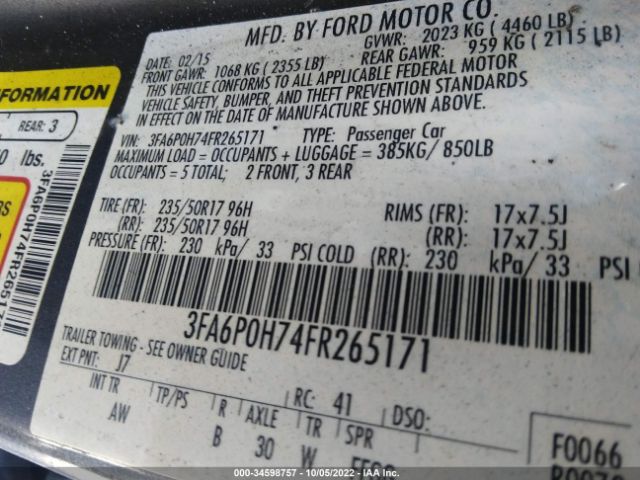 Photo 8 VIN: 3FA6P0H74FR265171 - FORD FUSION 