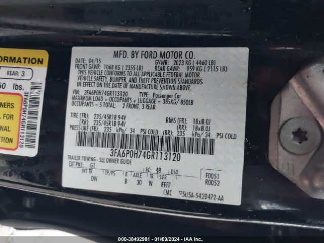 Photo 8 VIN: 3FA6P0H74GR113120 - FORD FUSION 