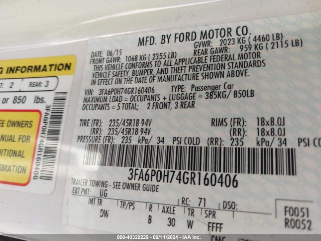 Photo 8 VIN: 3FA6P0H74GR160406 - FORD FUSION 