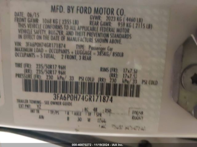 Photo 8 VIN: 3FA6P0H74GR171874 - FORD FUSION 